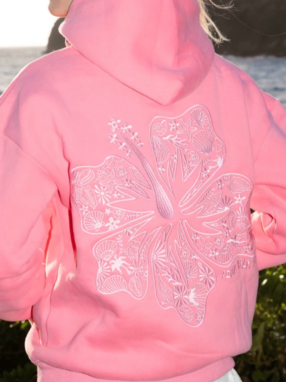 Pink Palm Puff Pink Hibiscus Embroidered Floral Hoodie Sweater size XXS